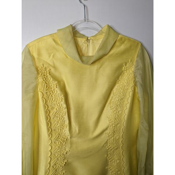 Vintage 60's Yellow Sheath Dress Vest Set Chiffon Sleeves and Vest Lace Detail - Picture 10 of 15